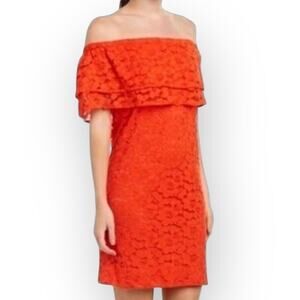 Trina Turk Sheath Dress Women's Medium Orange Red Lace Off Shoulder Tiered Mini
